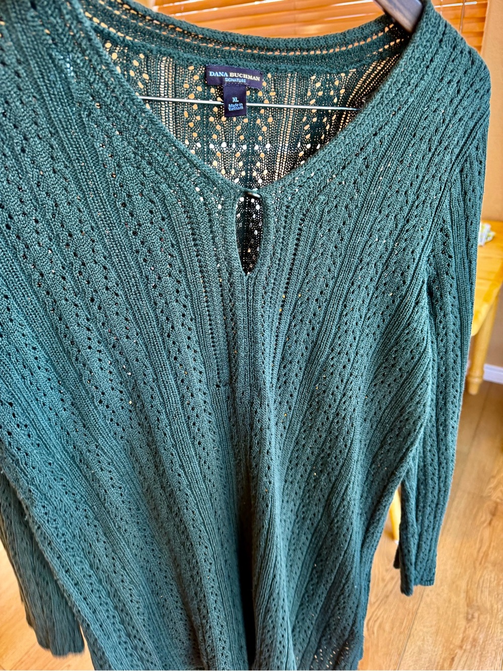 Dana Buchman Forest Green Open-Knit V-Neck Sweater COTTON